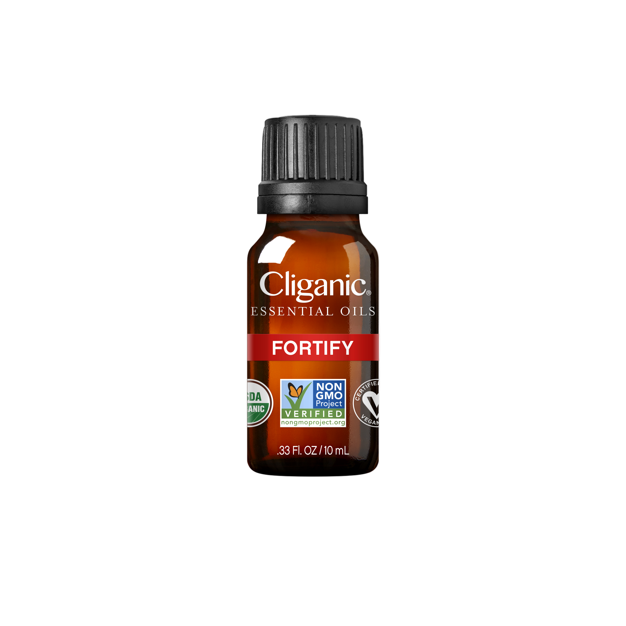 Cliganic Fortify essential oil bottle on a white background