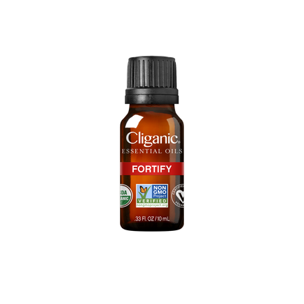 Cliganic Fortify essential oil bottle on a white background