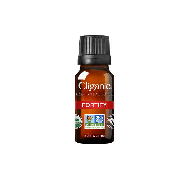 Cliganic Fortify essential oil bottle on a white background