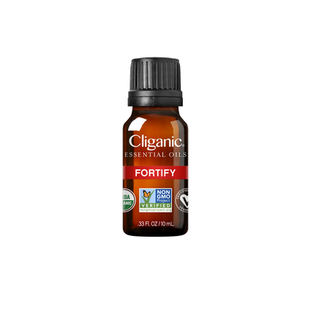 Cliganic Fortify essential oil bottle on a white background